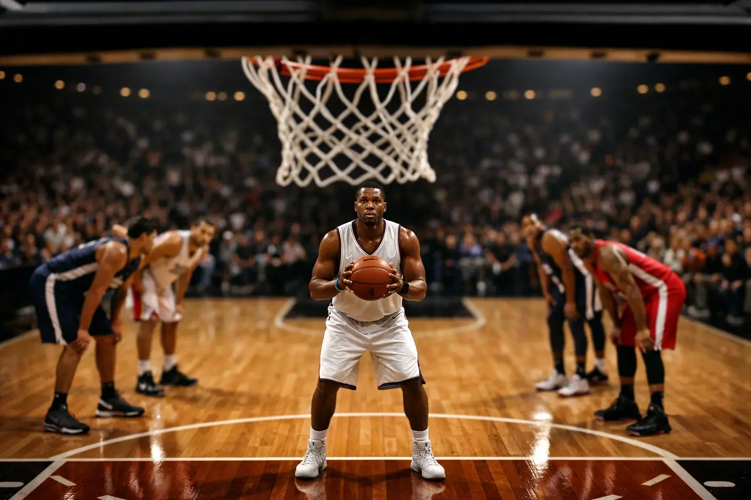 Tense basketball moment with player at free throw line in crucial game situation