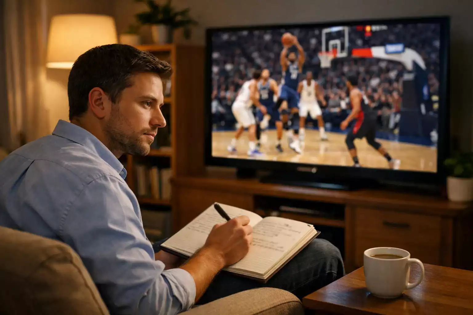 Professional bettor taking notes while watching NBA playoff game