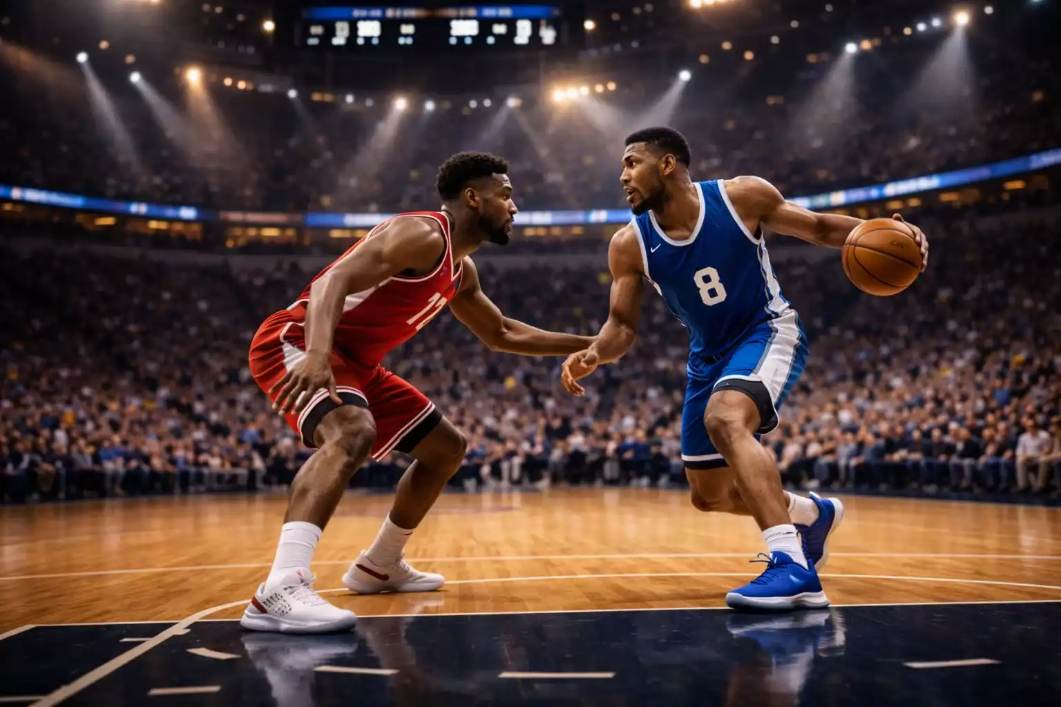 NBA basketball game action shot with players on court under arena lights