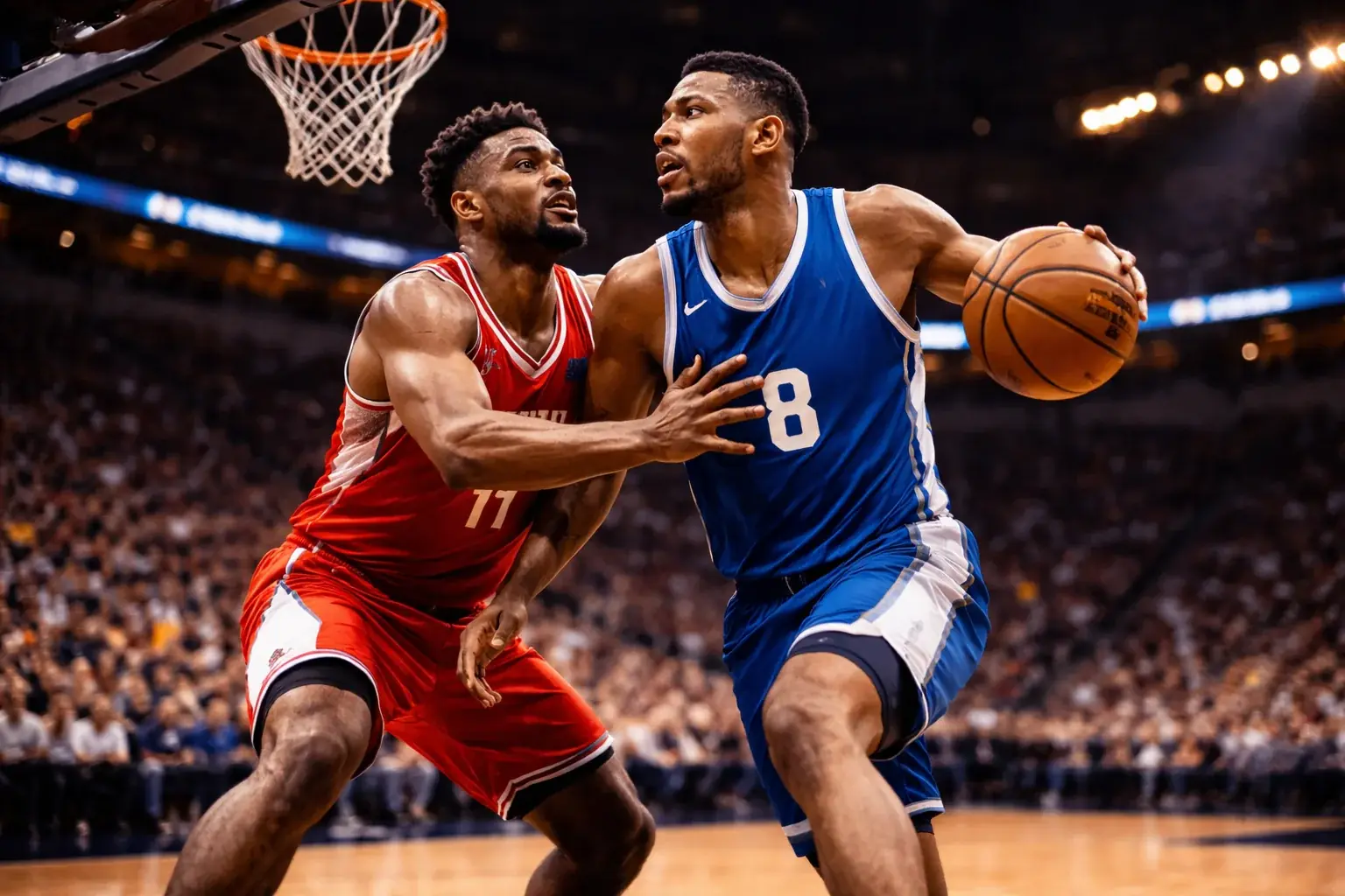NBA playoff basketball game with intense player competition