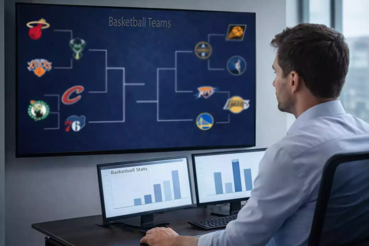 Sports analyst reviewing odds board with NBA team logos