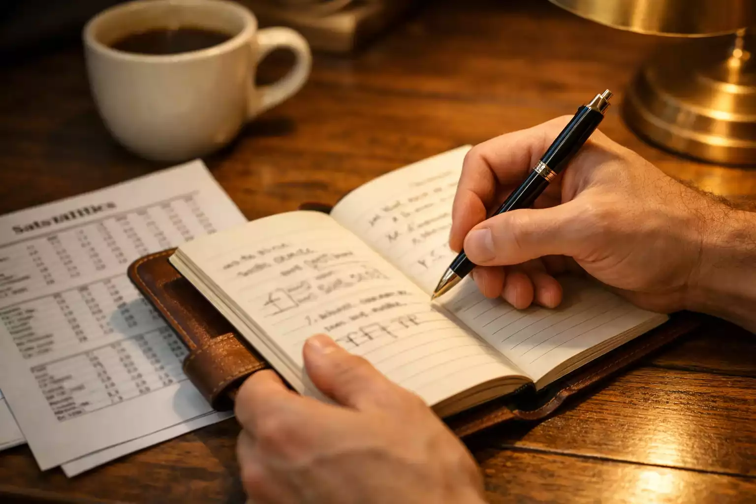 Person analyzing basketball statistics with notebook and pen