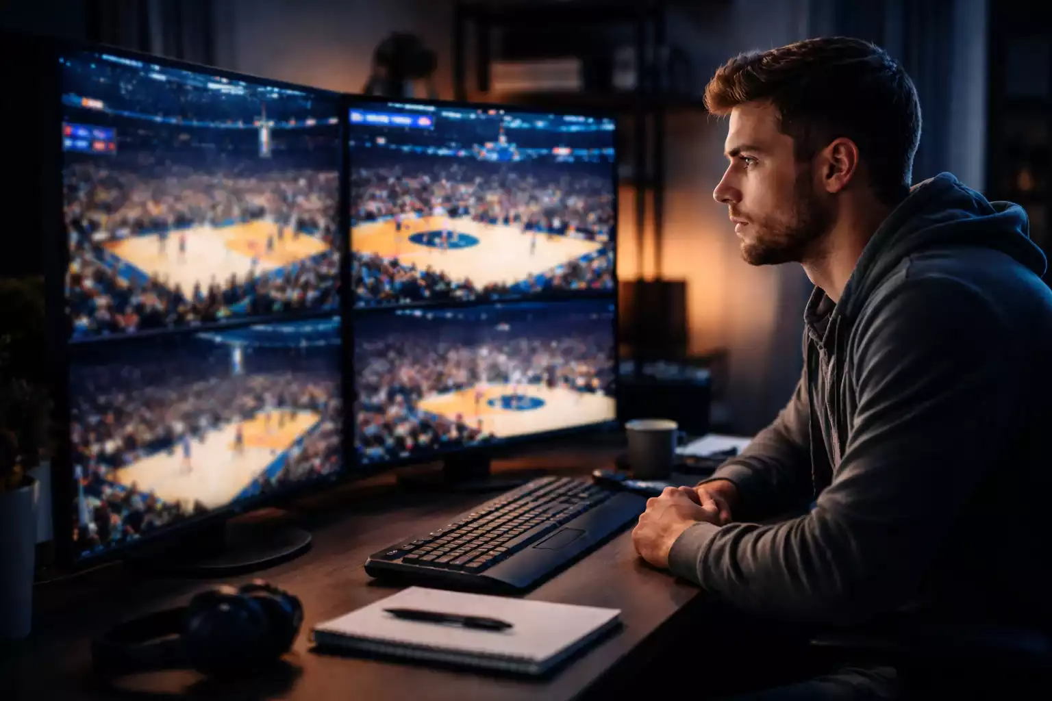 Focused sports bettor analyzing NBA game on multiple screens
