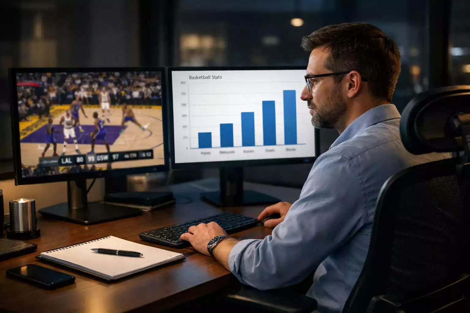 Focused analyst reviewing multiple screens with NBA data