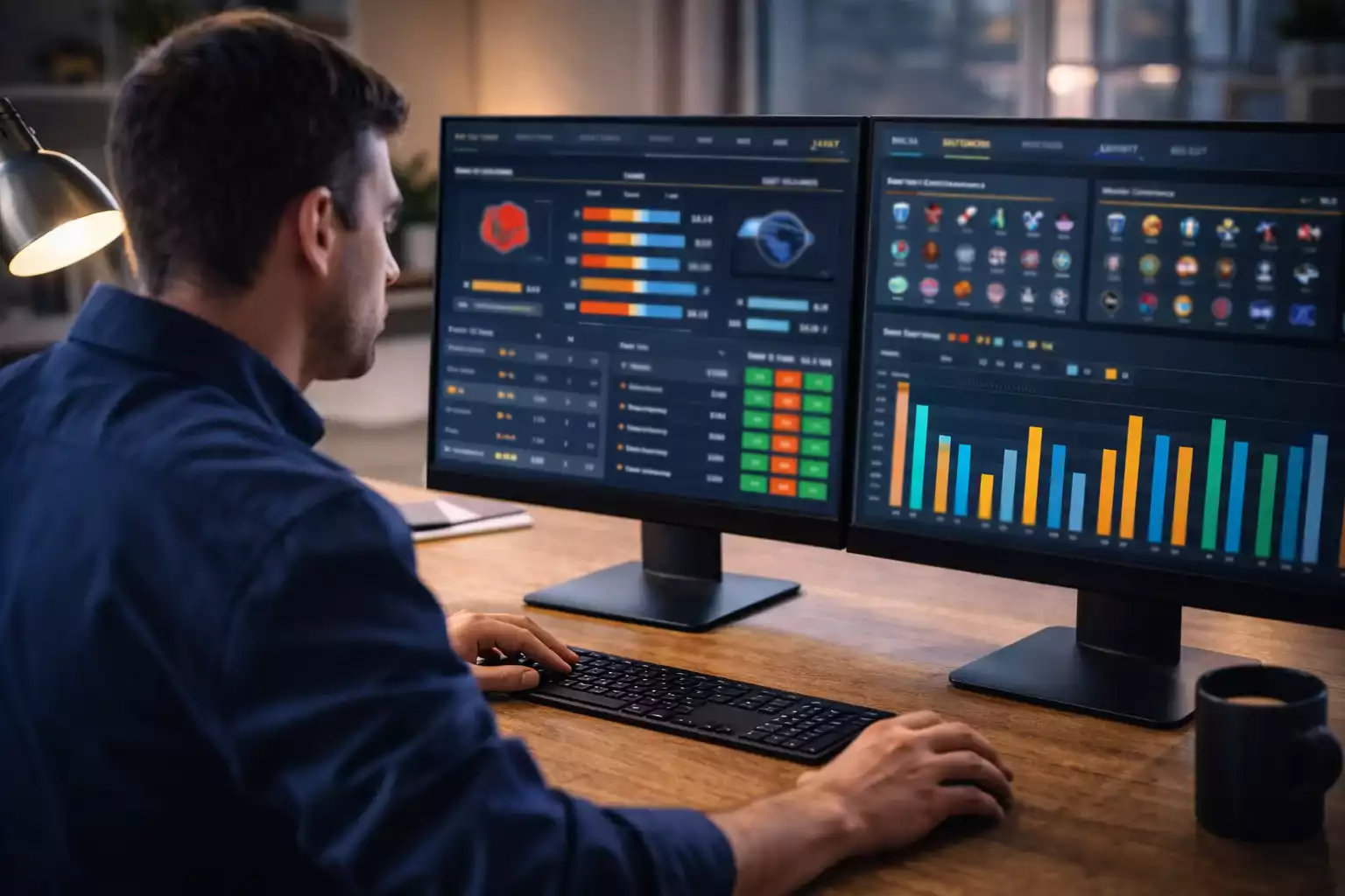 Sports analyst reviewing NBA statistics on multiple screens
