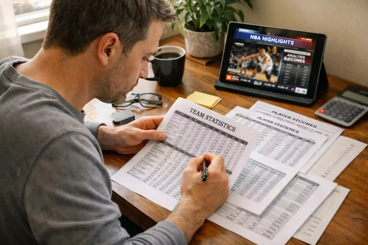 Person carefully reviewing basketball betting strategy notes