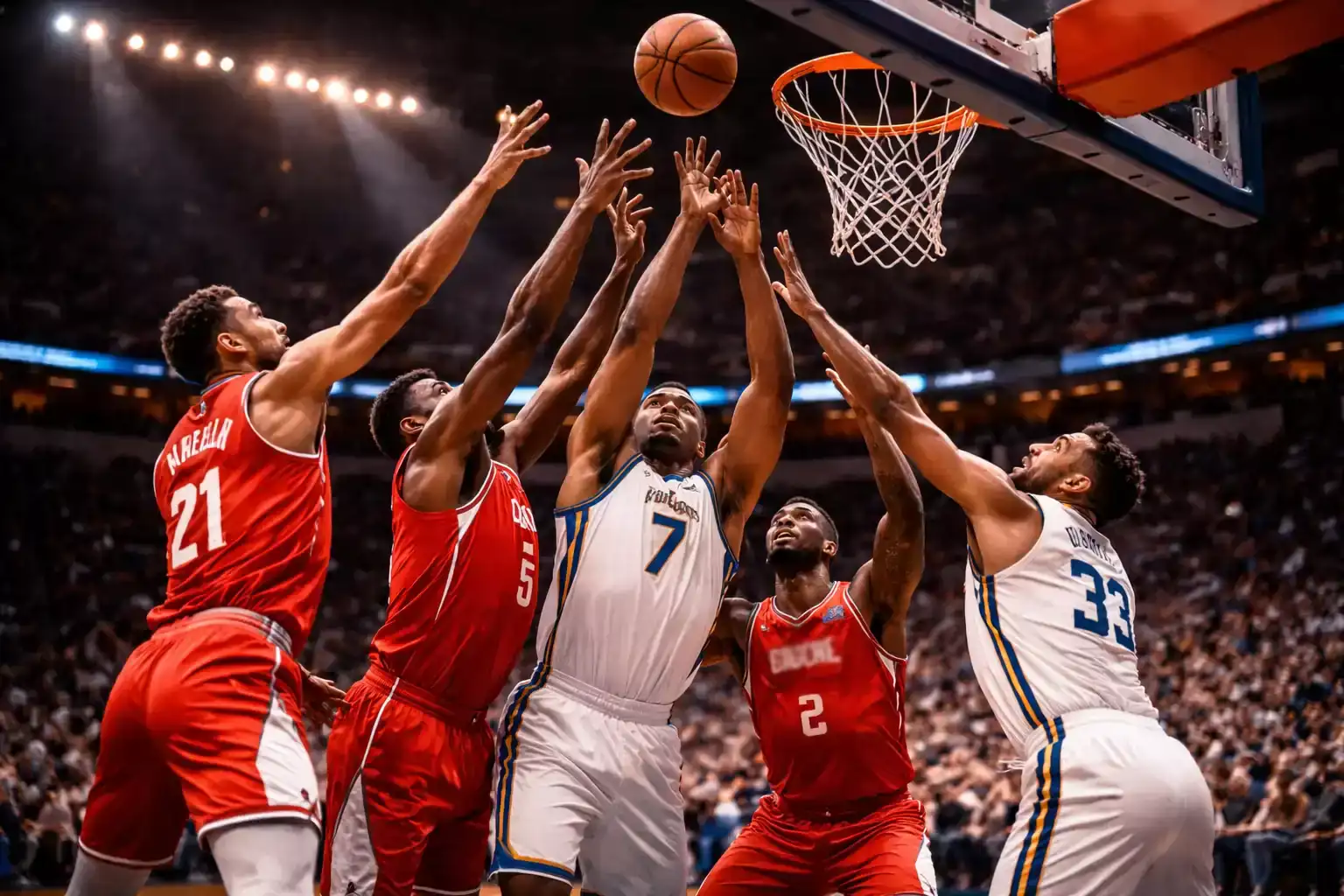 NBA basketball players competing for rebound under the hoop