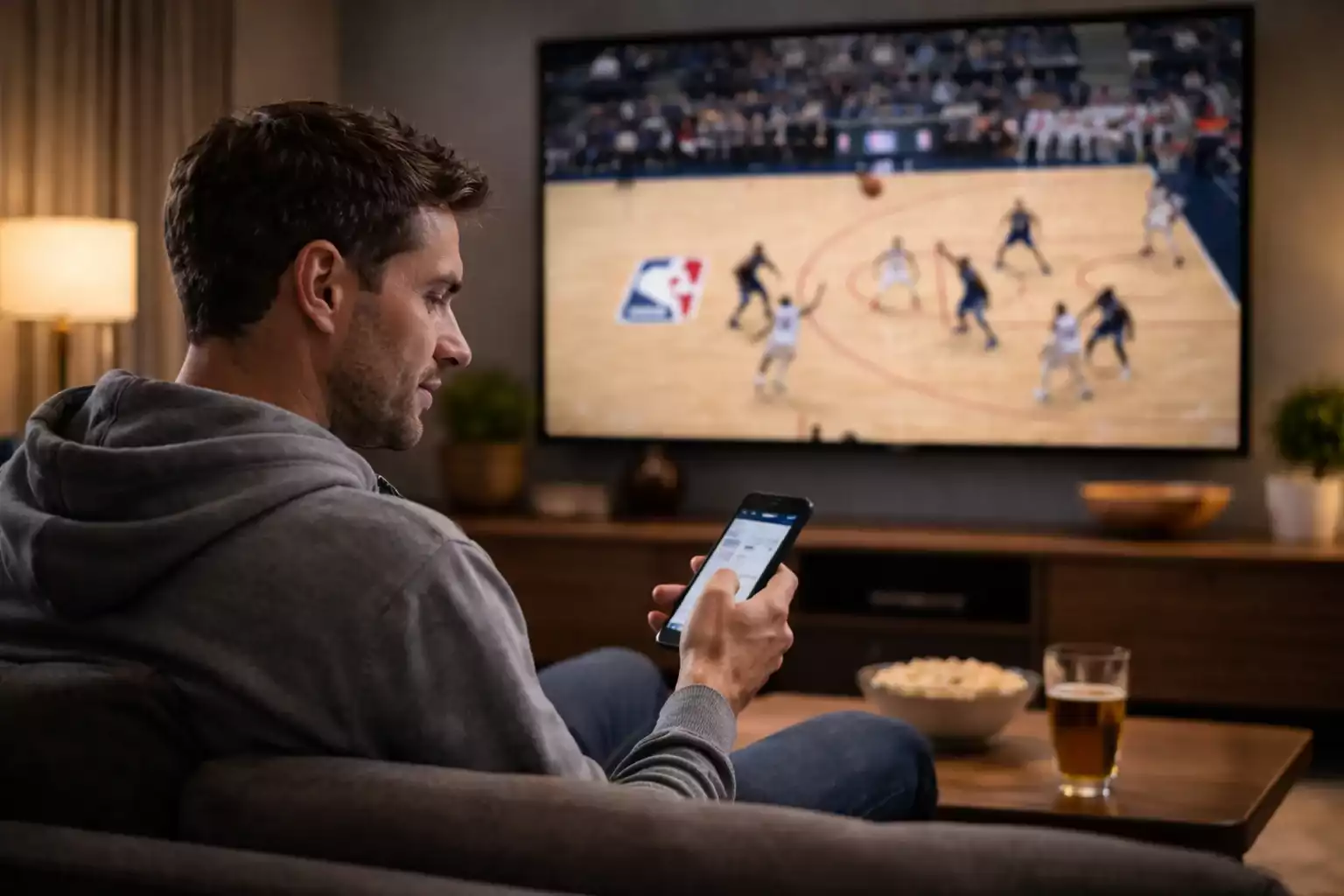 Person watching NBA game on TV while checking betting odds on smartphone