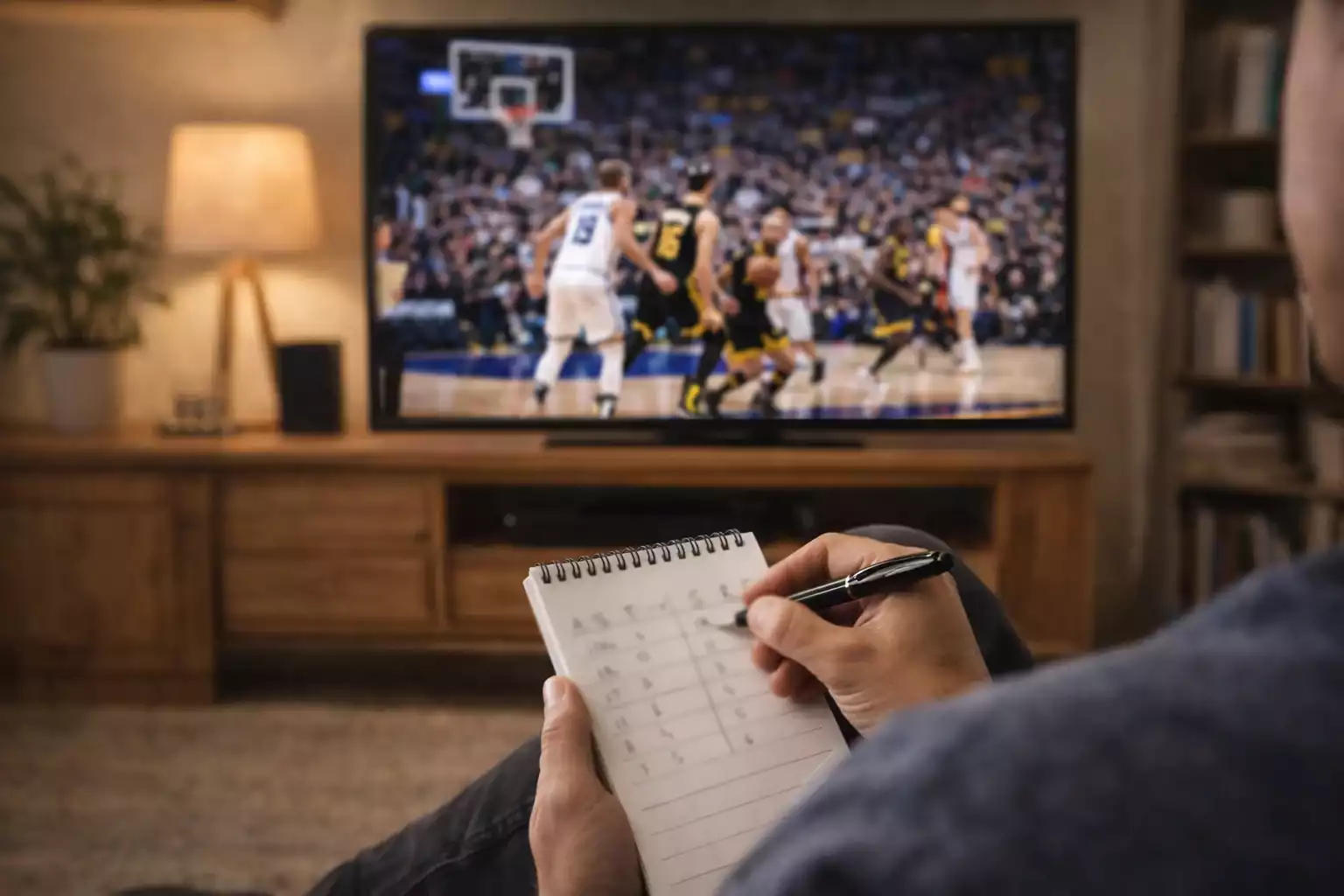 Basketball fan watching game intently with notepad for tracking bets