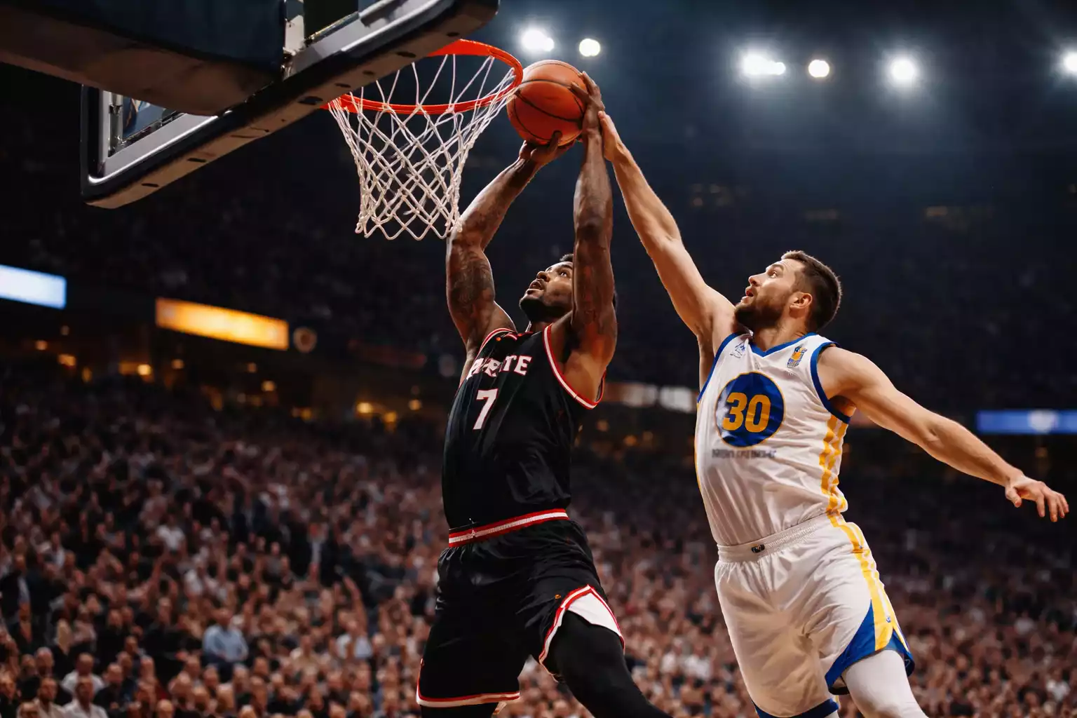 NBA players on hardwood court during competitive basketball game