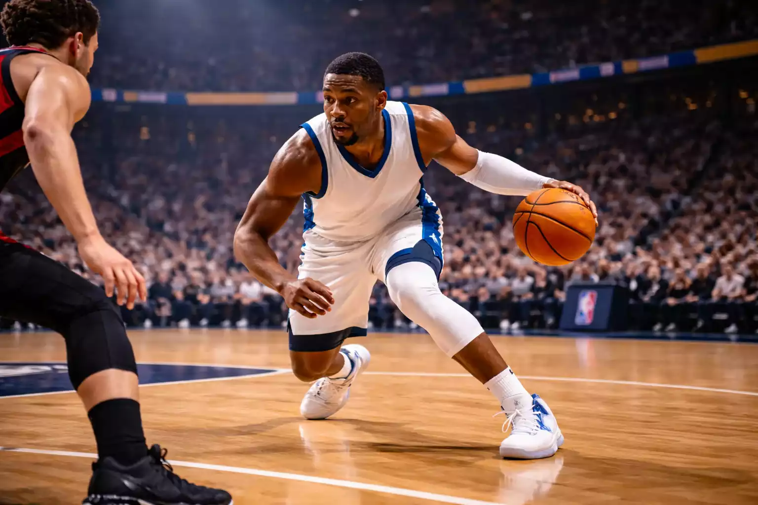 NBA point guard dribbling basketball during game action