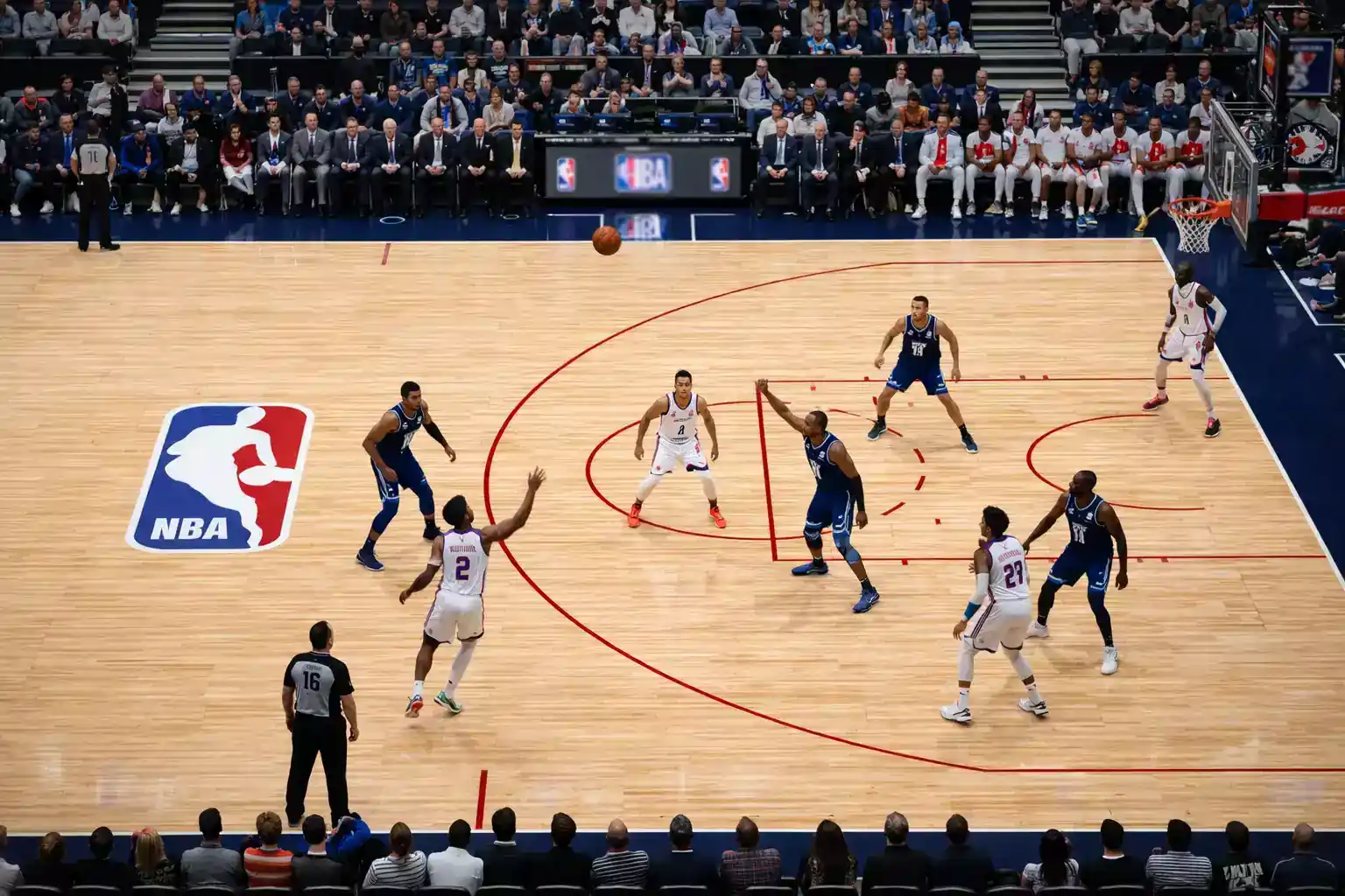 Basketball court view with betting spread numbers overlay