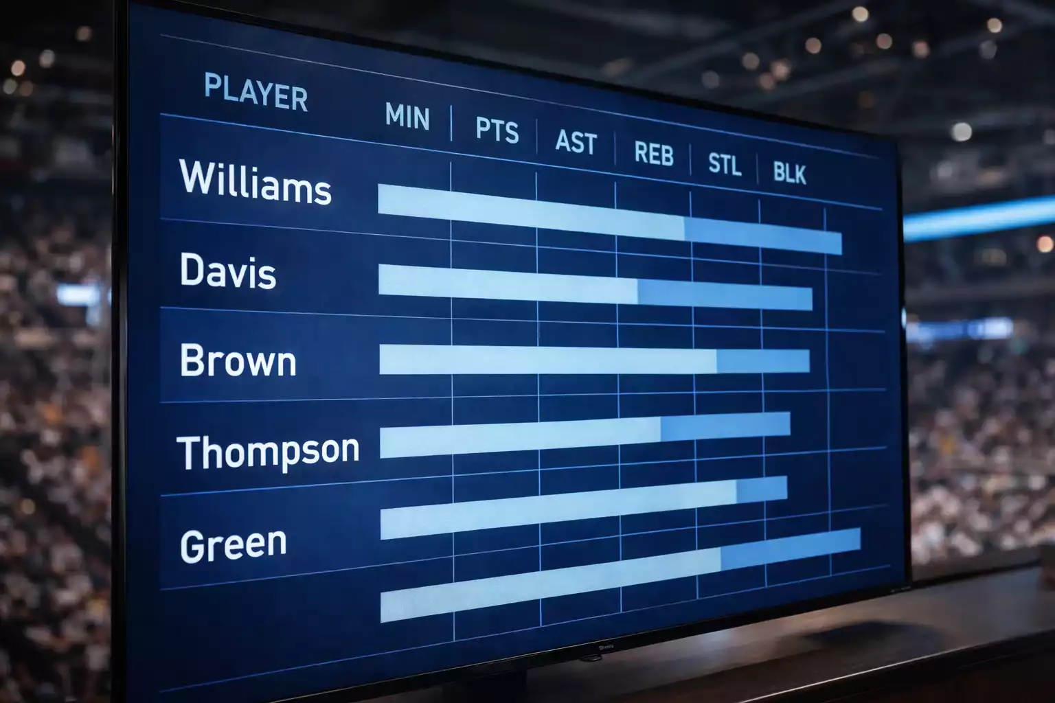 Basketball player statistics displayed on digital screen